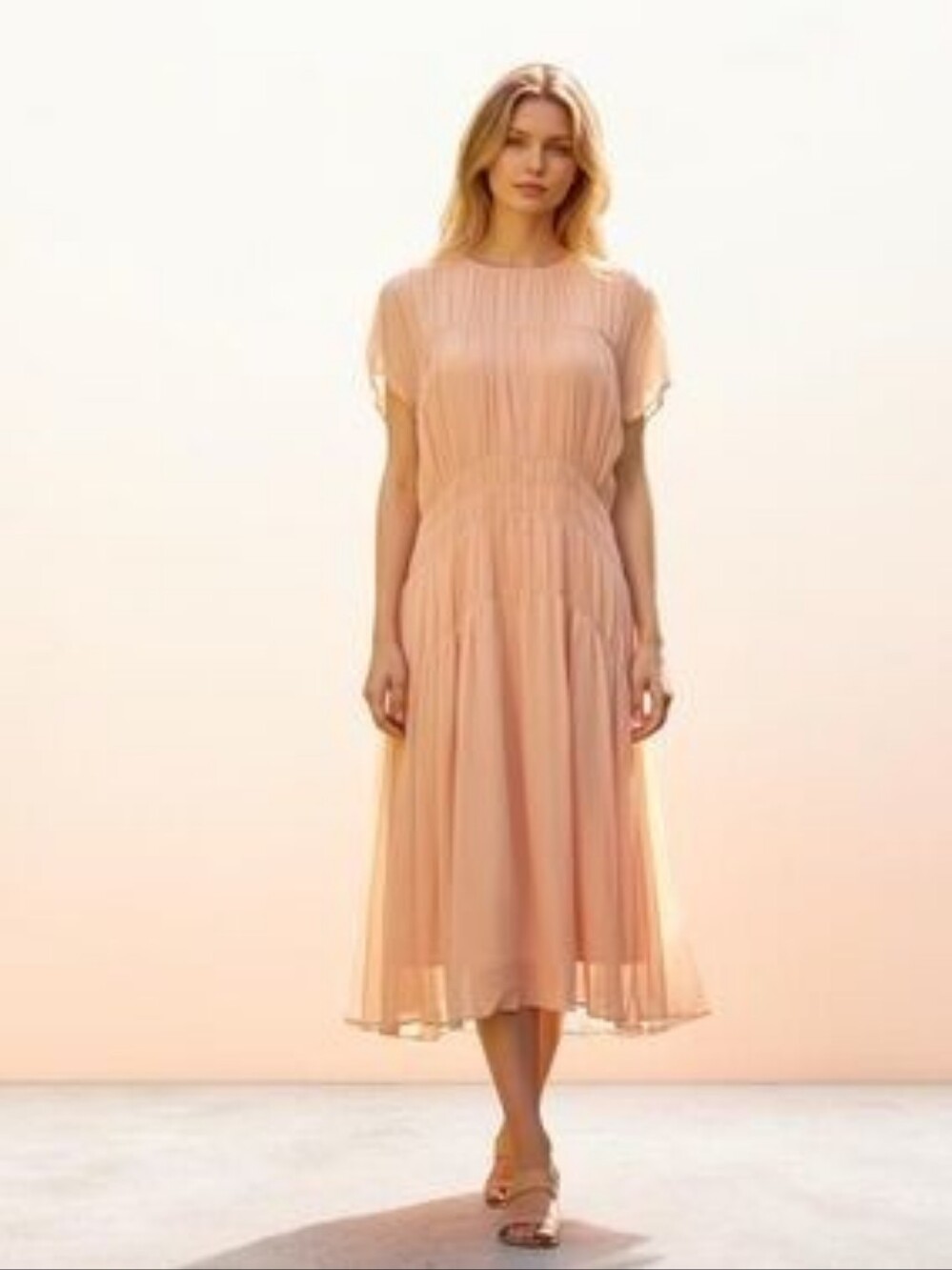 Silk Blend AYR Blush Pink Crinkle Ruched Midi Dress Sheer Yoke Cap Sleeve Size M